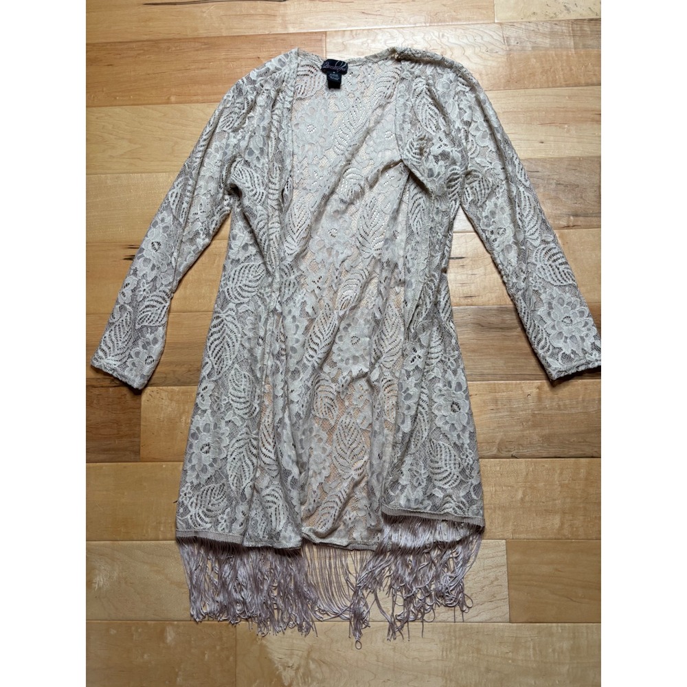 Floral Lace Cardigan Women Size M Fringe Trim Champagne Beige Open Front